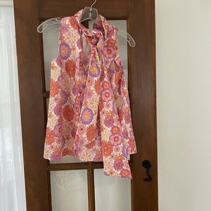 Tuckernuck Pink Orange Floral Tie-Neck Sleeveless Blouse